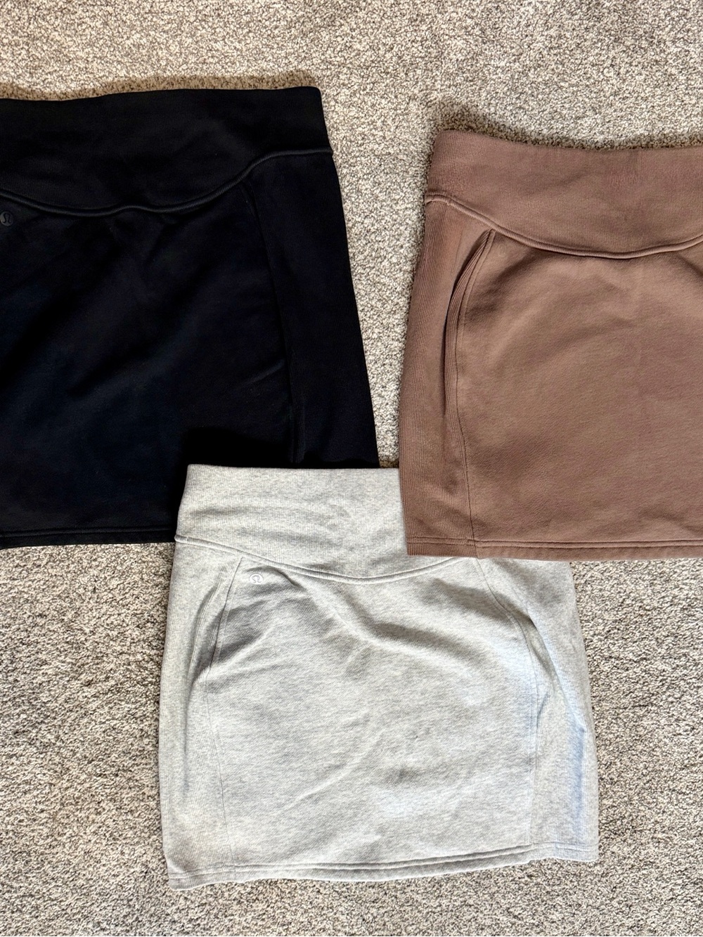 lululemon athletica Scuba High Rise Mini Skirt Trio in Black, Taupe, and Gray